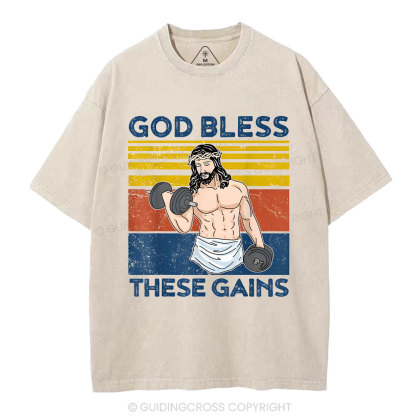 God Bless These Gains Christian Washed T-Shirt