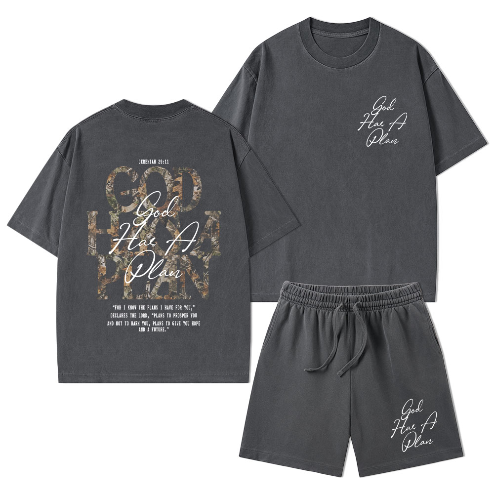 God Has A Plan Camo Christian Washed T-Shirt & Shorts 