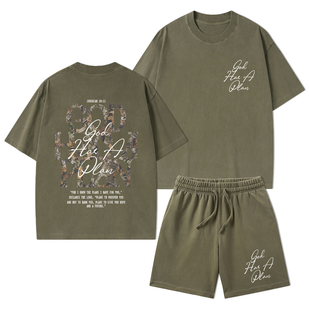 God Has A Plan Camo Christian Washed T-Shirt & Shorts 