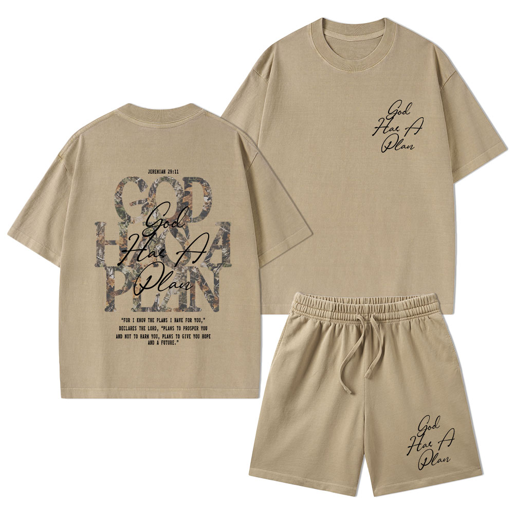 God Has A Plan Camo Christian Washed T-Shirt & Shorts 