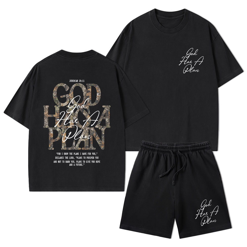 God Has A Plan Camo Christian Washed T-Shirt & Shorts 