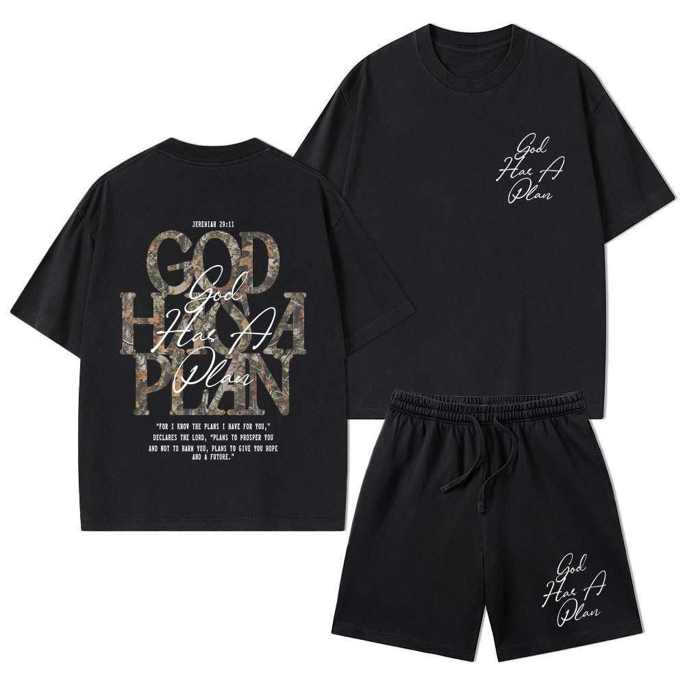 God Has A Plan Camo Christian Washed T-Shirt & Shorts 
