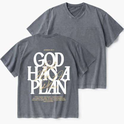 God Has A Plan Christian Washed V-neck T-shirt