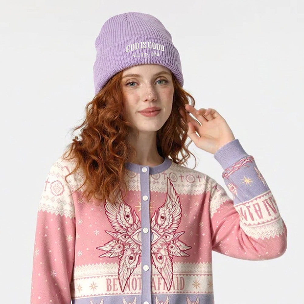 God Is Good All The Time Christian Embroidered Knit Beanie