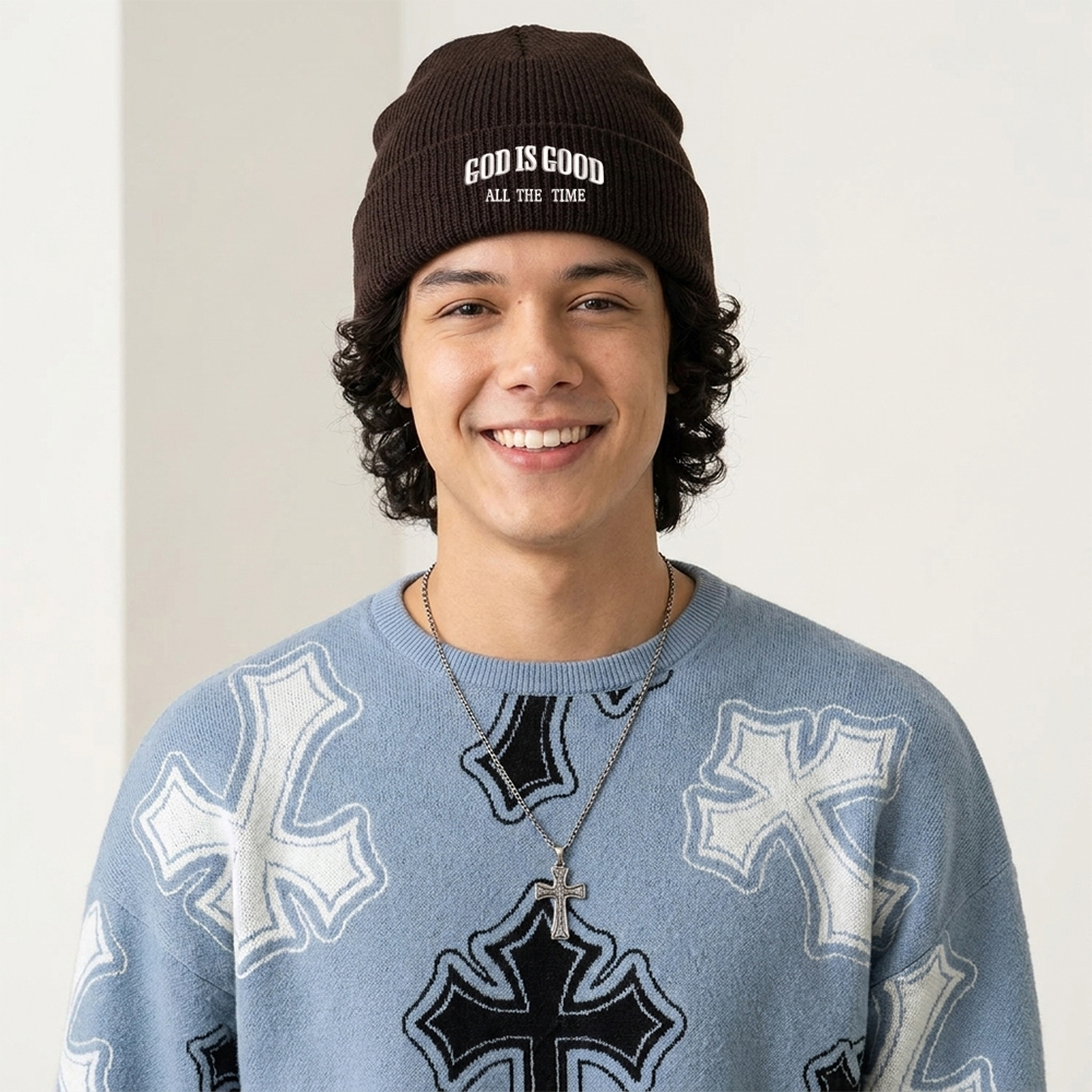 God Is Good All The Time Christian Embroidered Knit Beanie