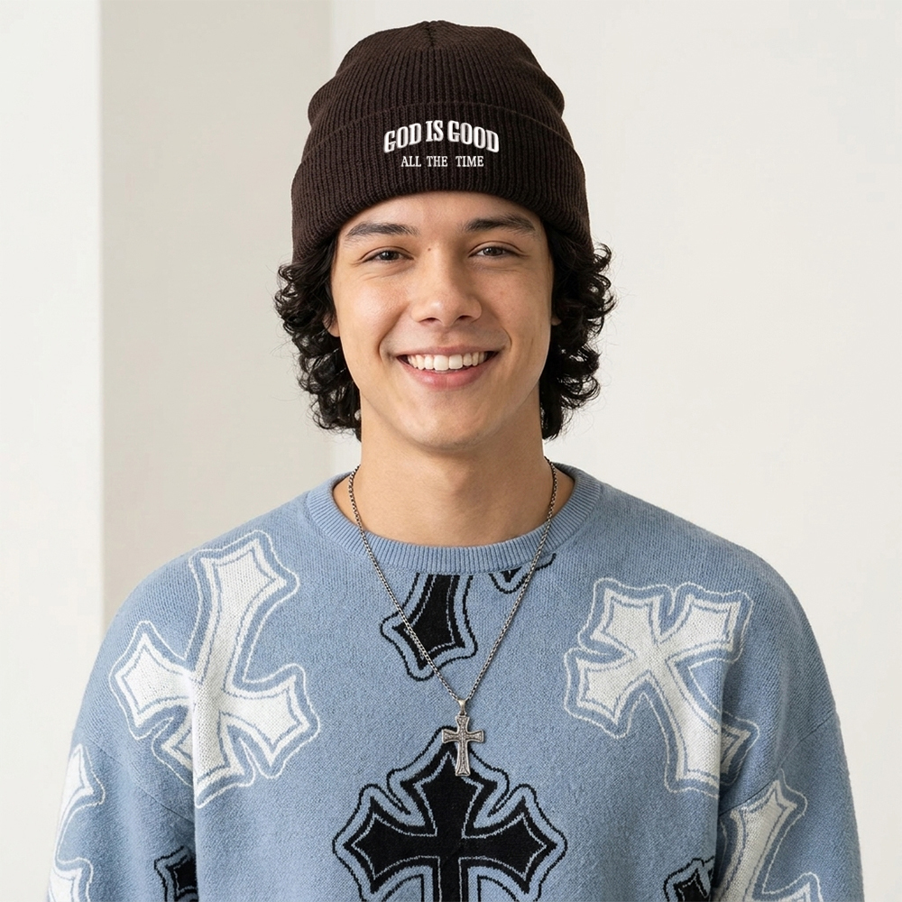 God Is Good All The Time Christian Embroidered Knit Beanie