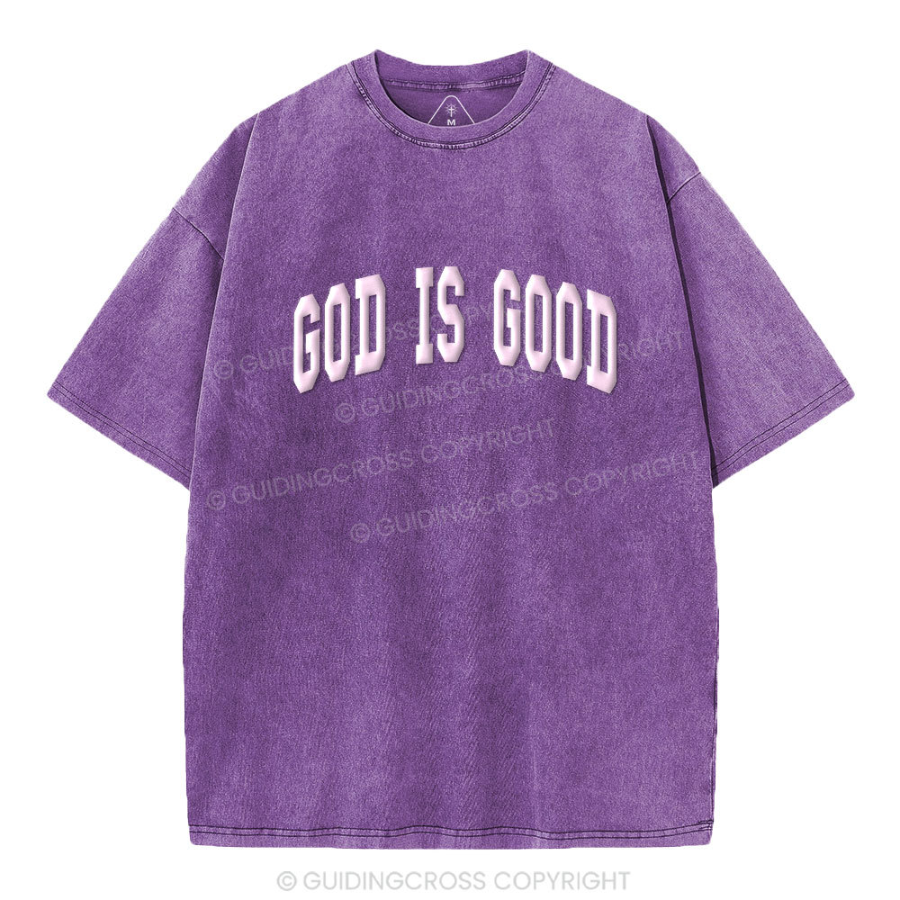 God Is Good Christian Puff Printed Washed T-Shirt