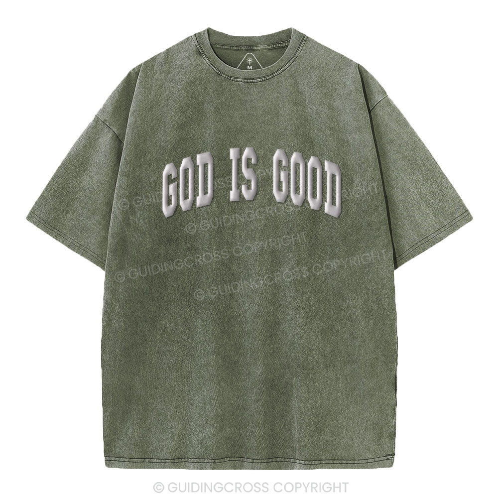 God Is Good Christian Puff Printed Washed T-Shirt