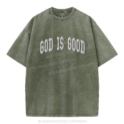 God Is Good Christian Puff Printed Washed T-Shirt