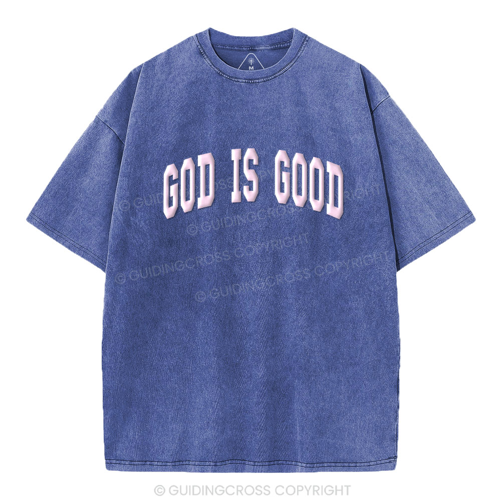 God Is Good Christian Puff Printed Washed T-Shirt