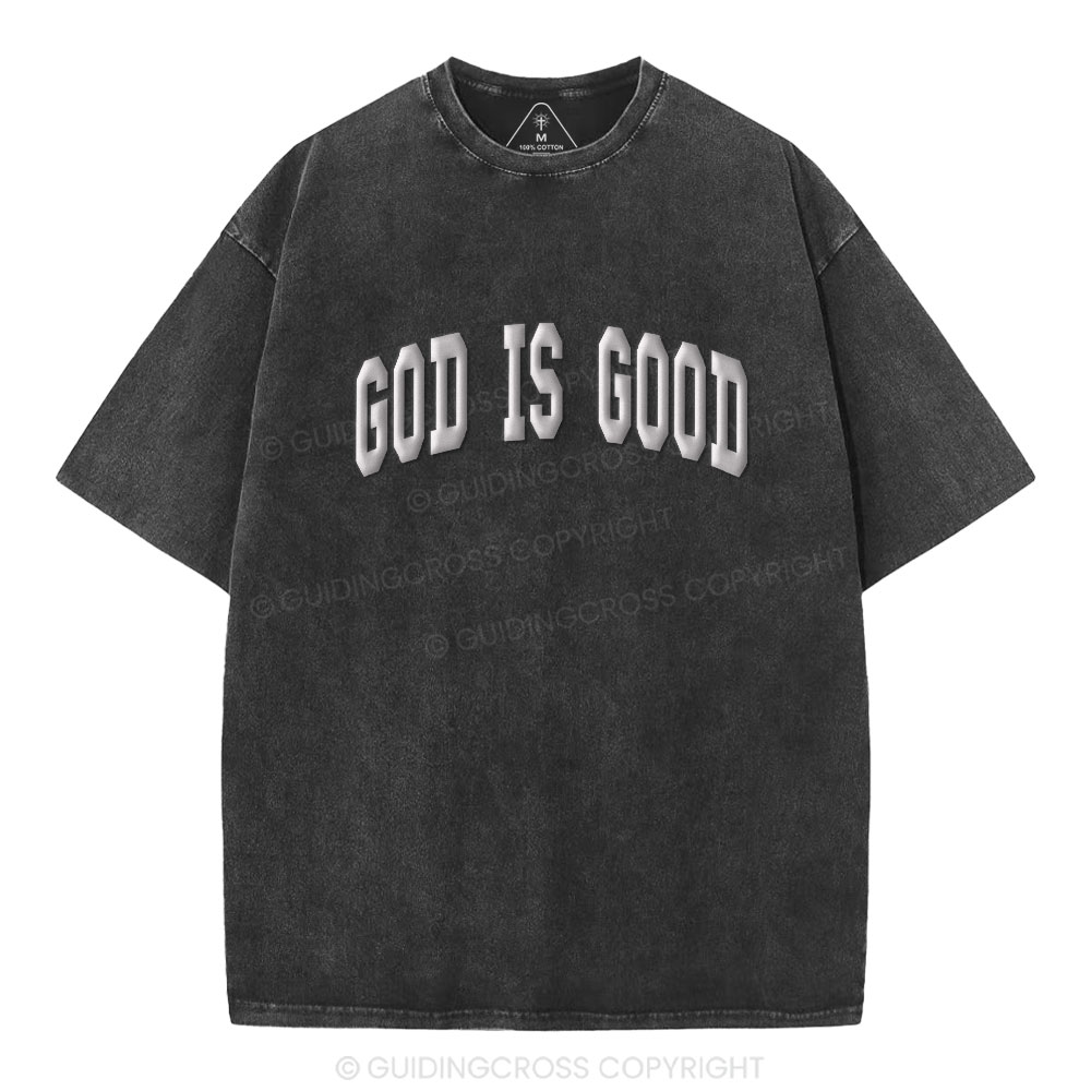 God Is Good Christian Puff Printed Washed T-Shirt