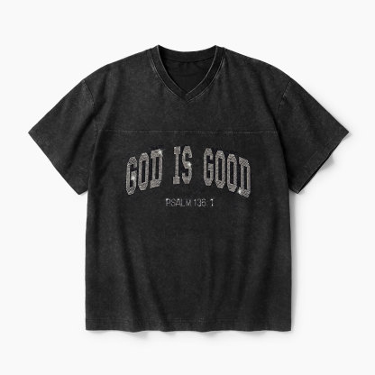 God Is Good Rhinestone Christian Washed V-neck T-shirt