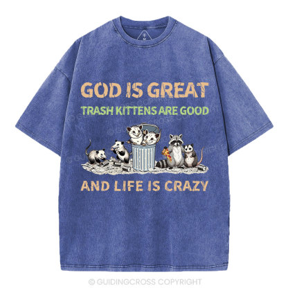 God Is Great Trash Kittens Are Good And Life Is Crazy Christian Washed T-Shirt