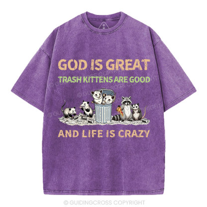 God Is Great Trash Kittens Are Good And Life Is Crazy Christian Washed T-Shirt