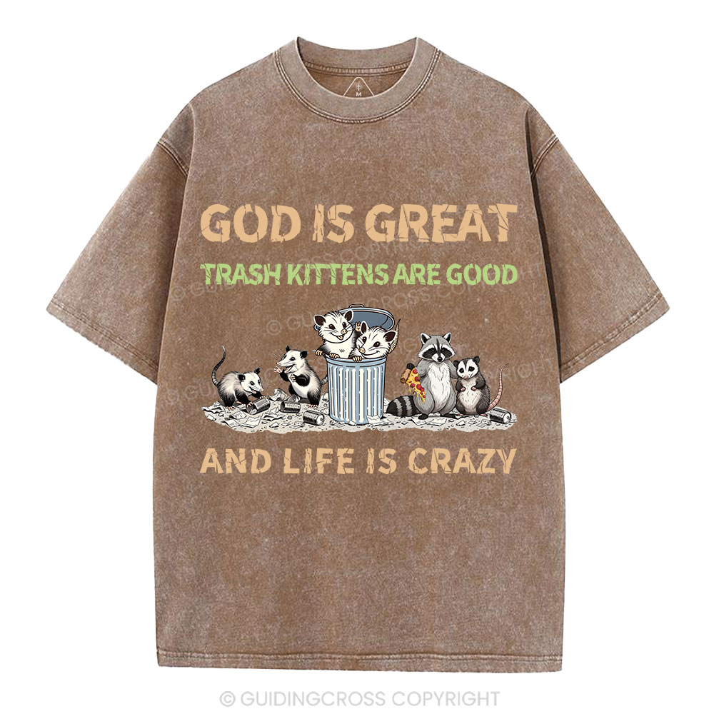 God Is Great Trash Kittens Are Good And Life Is Crazy Christian Washed T-Shirt
