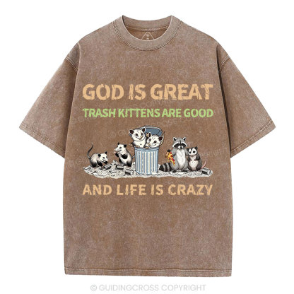 God Is Great Trash Kittens Are Good And Life Is Crazy Christian Washed T-Shirt