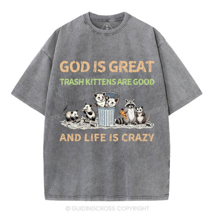 God Is Great Trash Kittens Are Good And Life Is Crazy Christian Washed T-Shirt