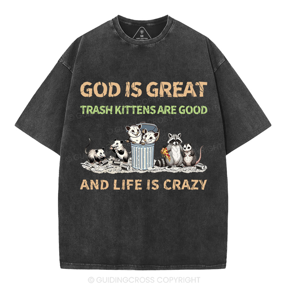God Is Great Trash Kittens Are Good And Life Is Crazy Christian Washed T-Shirt