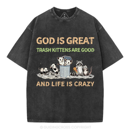 God Is Great Trash Kittens Are Good And Life Is Crazy Christian Washed T-Shirt