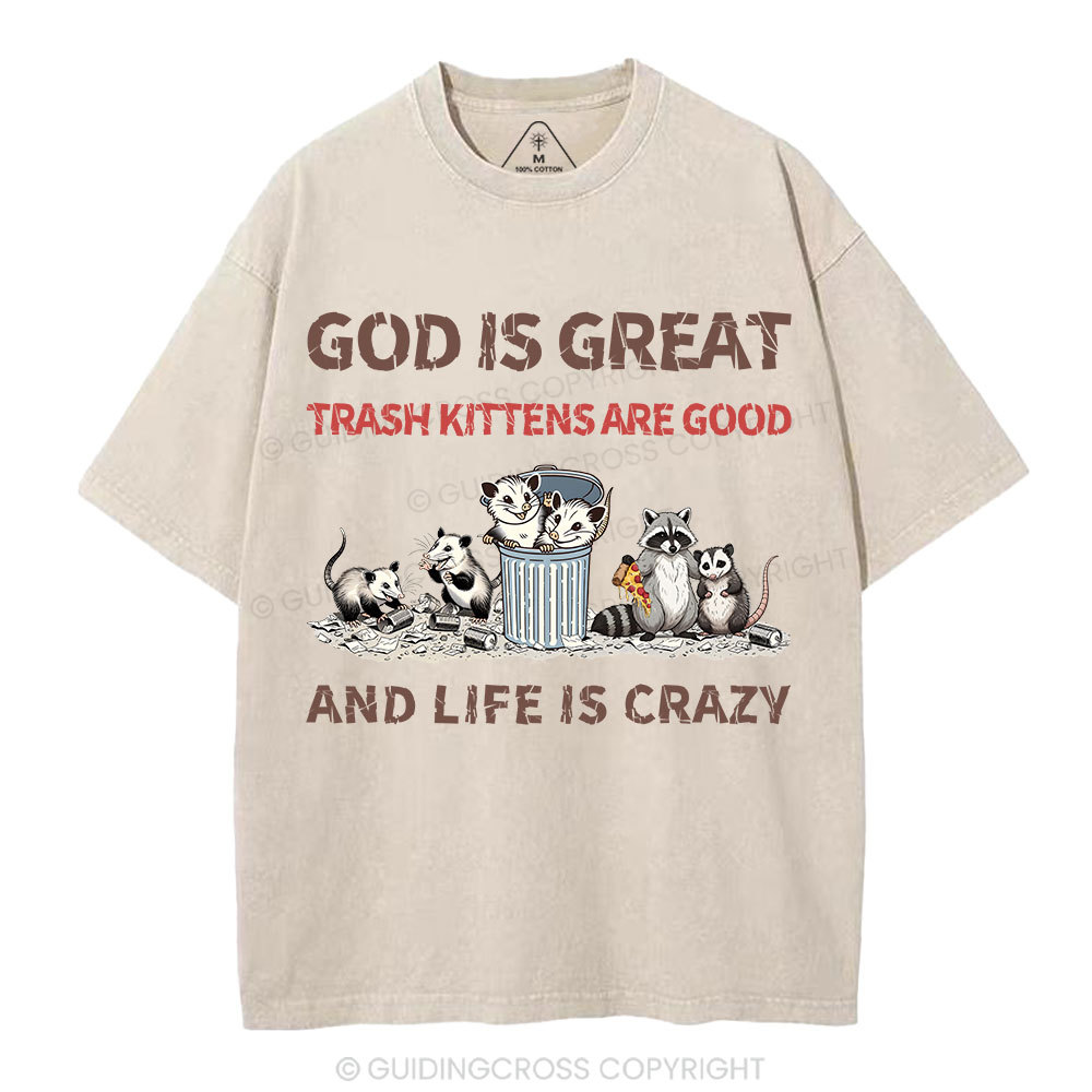 God Is Great Trash Kittens Are Good And Life Is Crazy Christian Washed T-Shirt