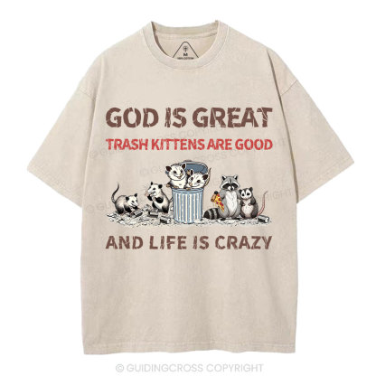 God Is Great Trash Kittens Are Good And Life Is Crazy Christian Washed T-Shirt
