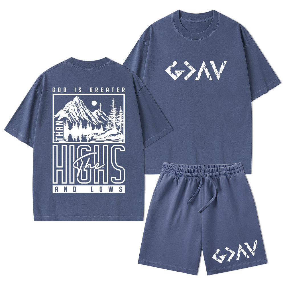 God Is Greater Christian Washed T-Shirt & Shorts