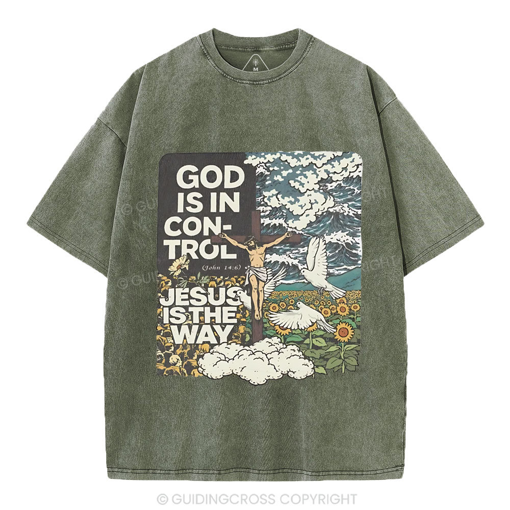 God Is In Control Christian Washed T-Shirt