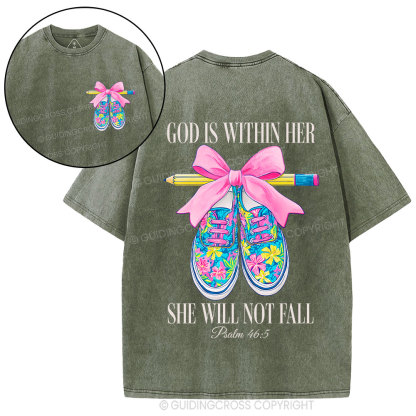 God Is Within Her Teacher Christian Washed T-Shirt