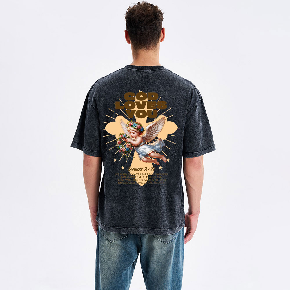 God Loves You Christian Washed T-Shirt