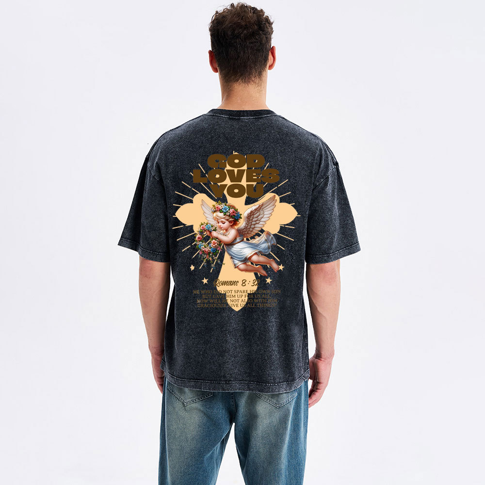 God Loves You Christian Washed T-Shirt