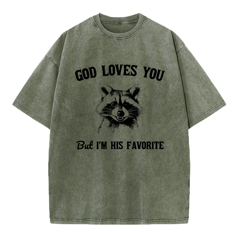 God Loves You Raccoon Christian Washed T-Shirt