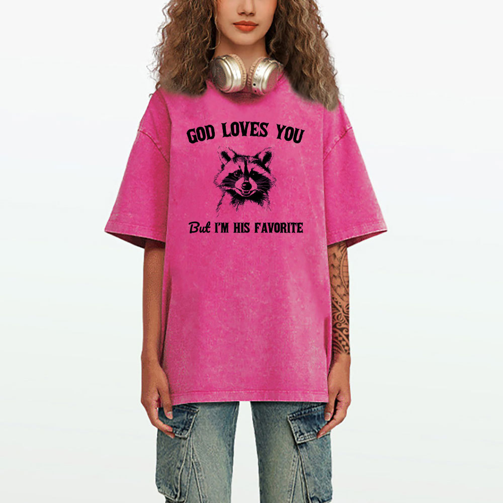 God Loves You Raccoon Christian Washed T-Shirt
