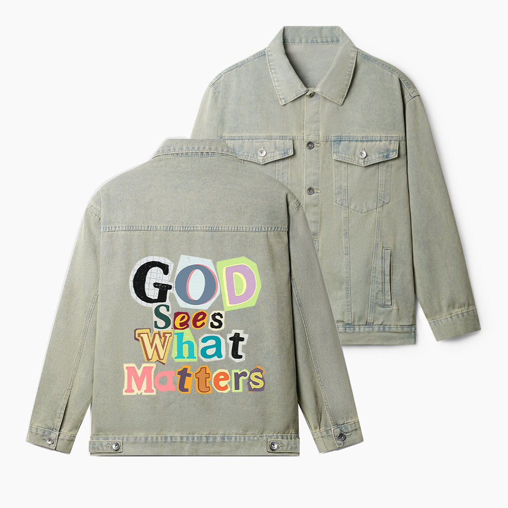 God Sees What Matters Christian Denim Jacket