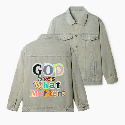 God Sees What Matters Christian Denim Jacket
