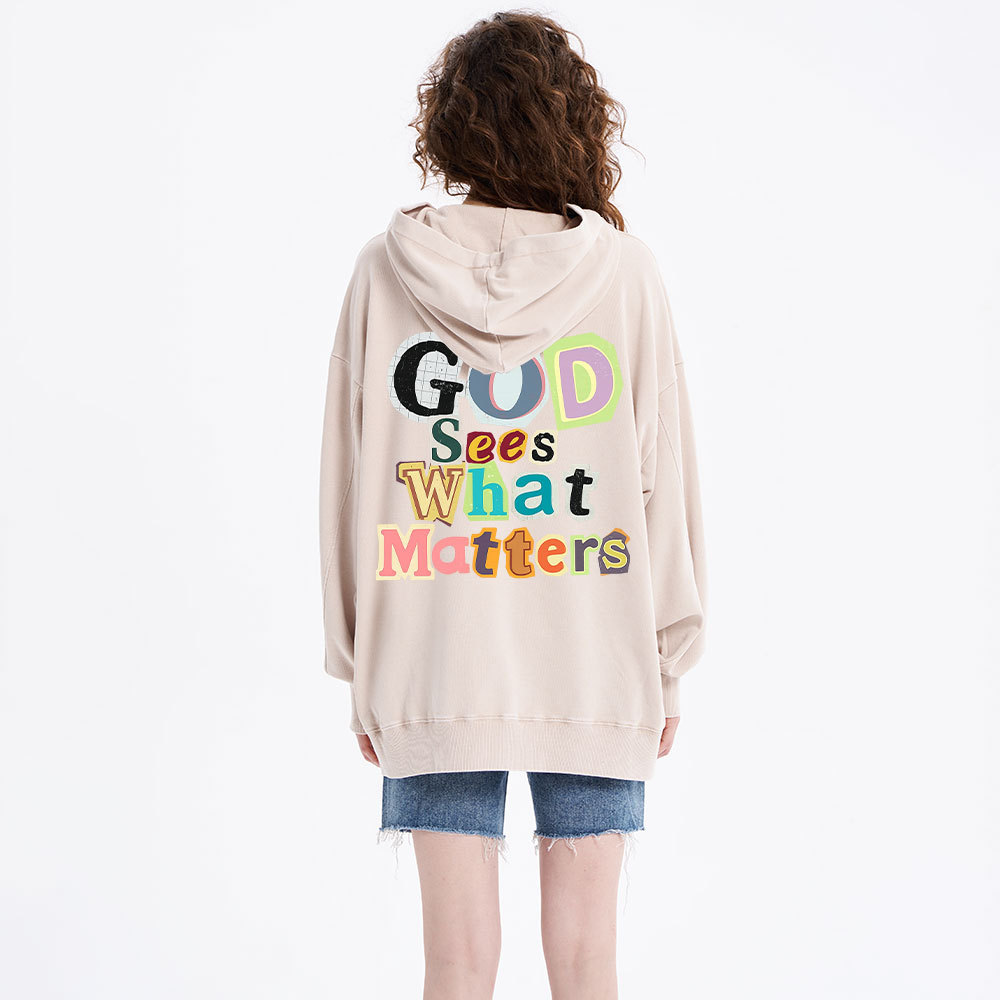 God Sees What Matters Christian Washed Hoodie 