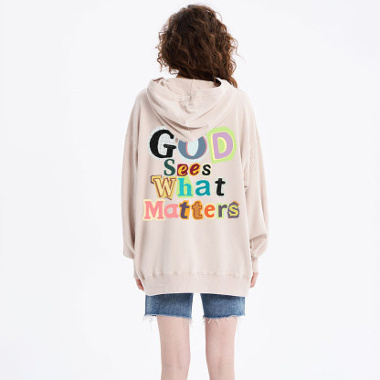 God Sees What Matters Christian Washed Hoodie 