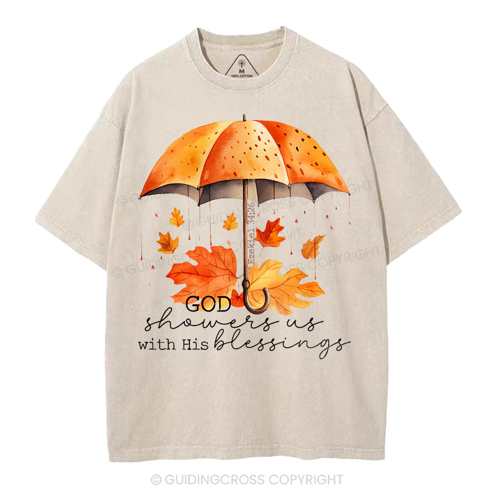 God Showers Us With His Blessings Christian Washed T-Shirt