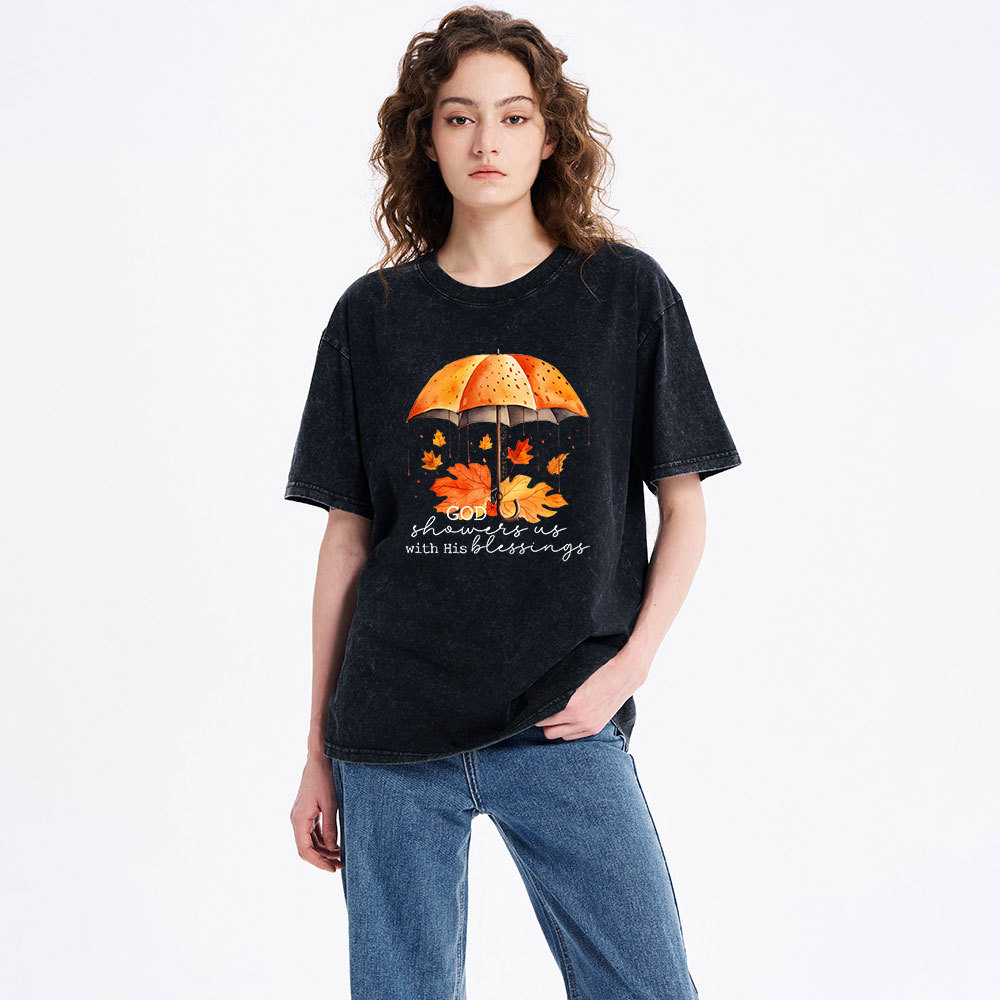 God Showers Us With His Blessings Christian Washed T-Shirt