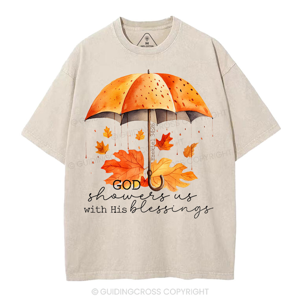 God Showers Us With His Blessings Christian Washed T-Shirt