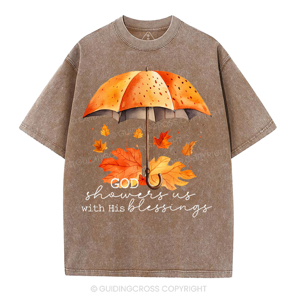 God Showers Us With His Blessings Christian Washed T-Shirt