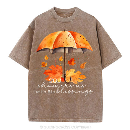 God Showers Us With His Blessings Christian Washed T-Shirt