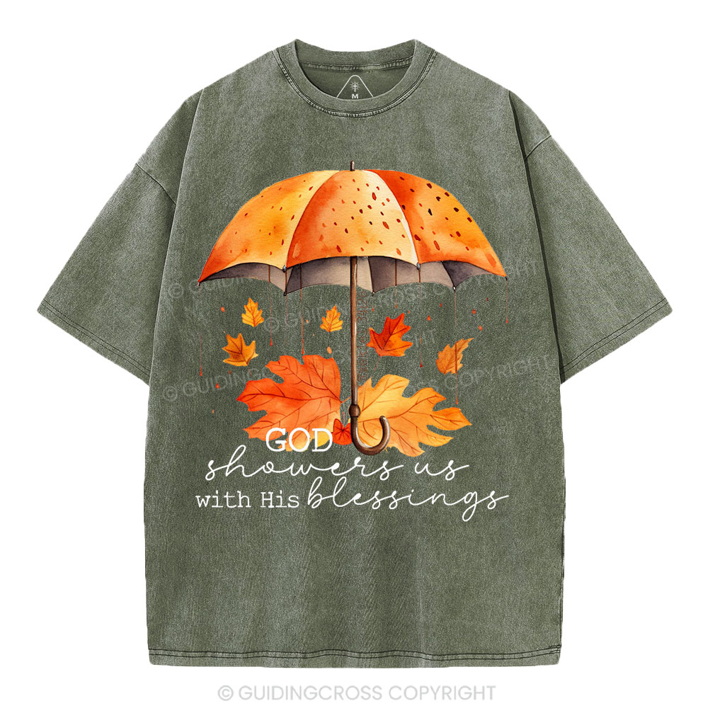 God Showers Us With His Blessings Christian Washed T-Shirt