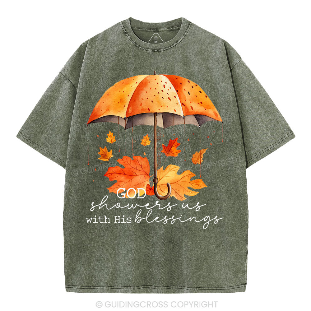 God Showers Us With His Blessings Christian Washed T-Shirt