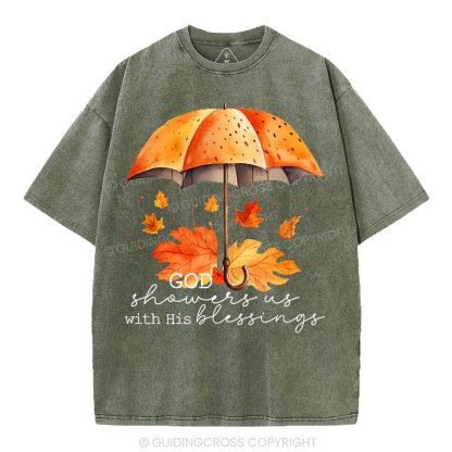 God Showers Us With His Blessings Christian Washed T-Shirt