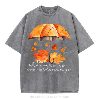 God Showers Us With His Blessings Christian Washed T-Shirt