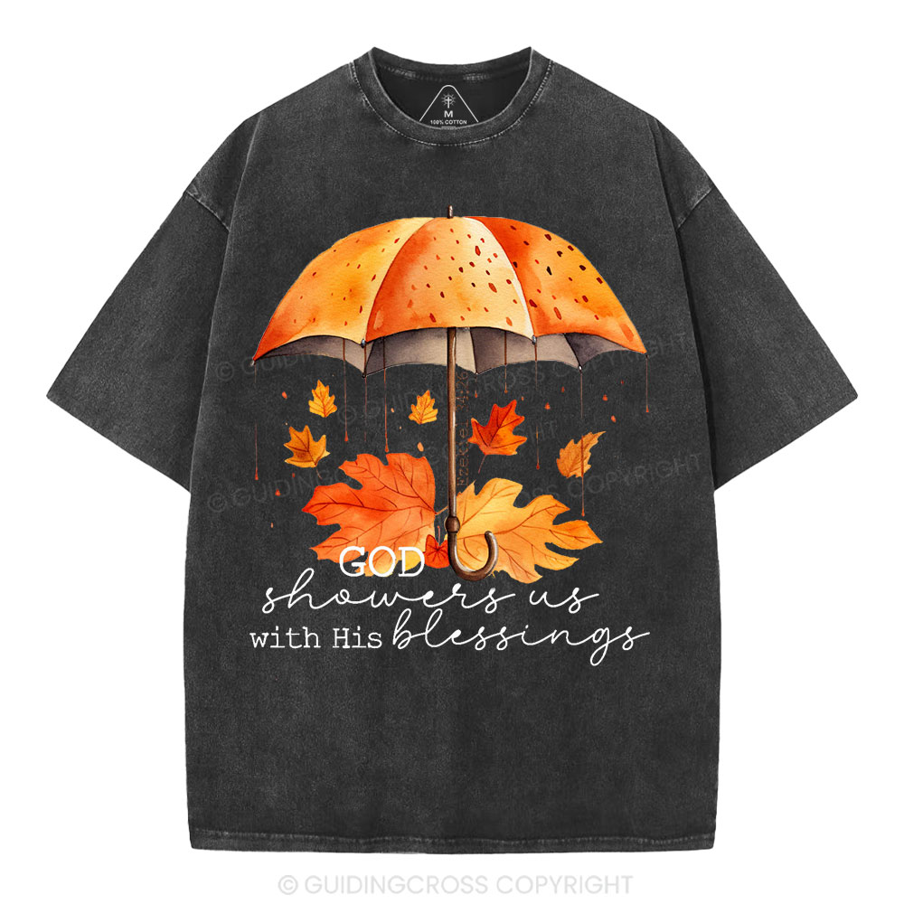 God Showers Us With His Blessings Christian Washed T-Shirt