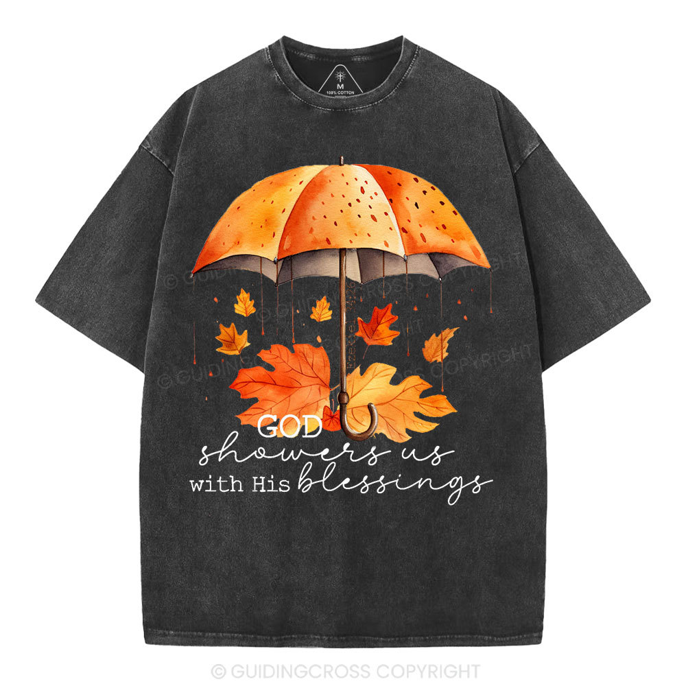 God Showers Us With His Blessings Christian Washed T-Shirt