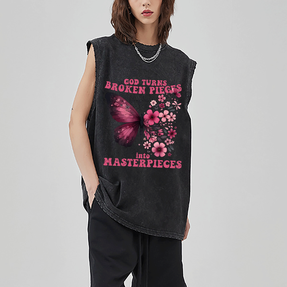 God Turns Broken Pieces Into Masterpieces Christian Washed Sleeveless Tee