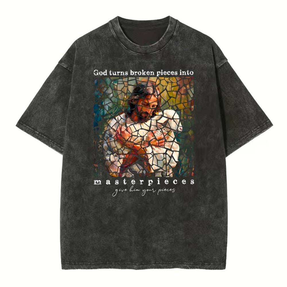 God Turns Broken Pieces Into Masterpieces Christian Washed T-Shirt