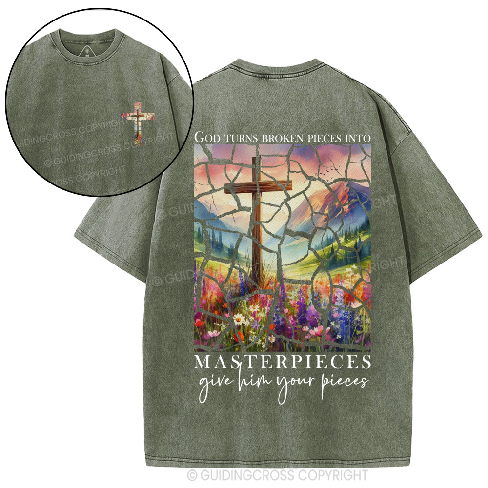 God Turns Broken Pieces into Masterpieces Christian Washed T-Shirt